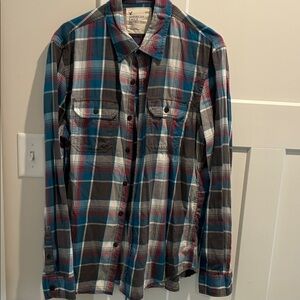 American Eagle Outfitters Plaid Button-Down Shirt in Teal, Gray & White